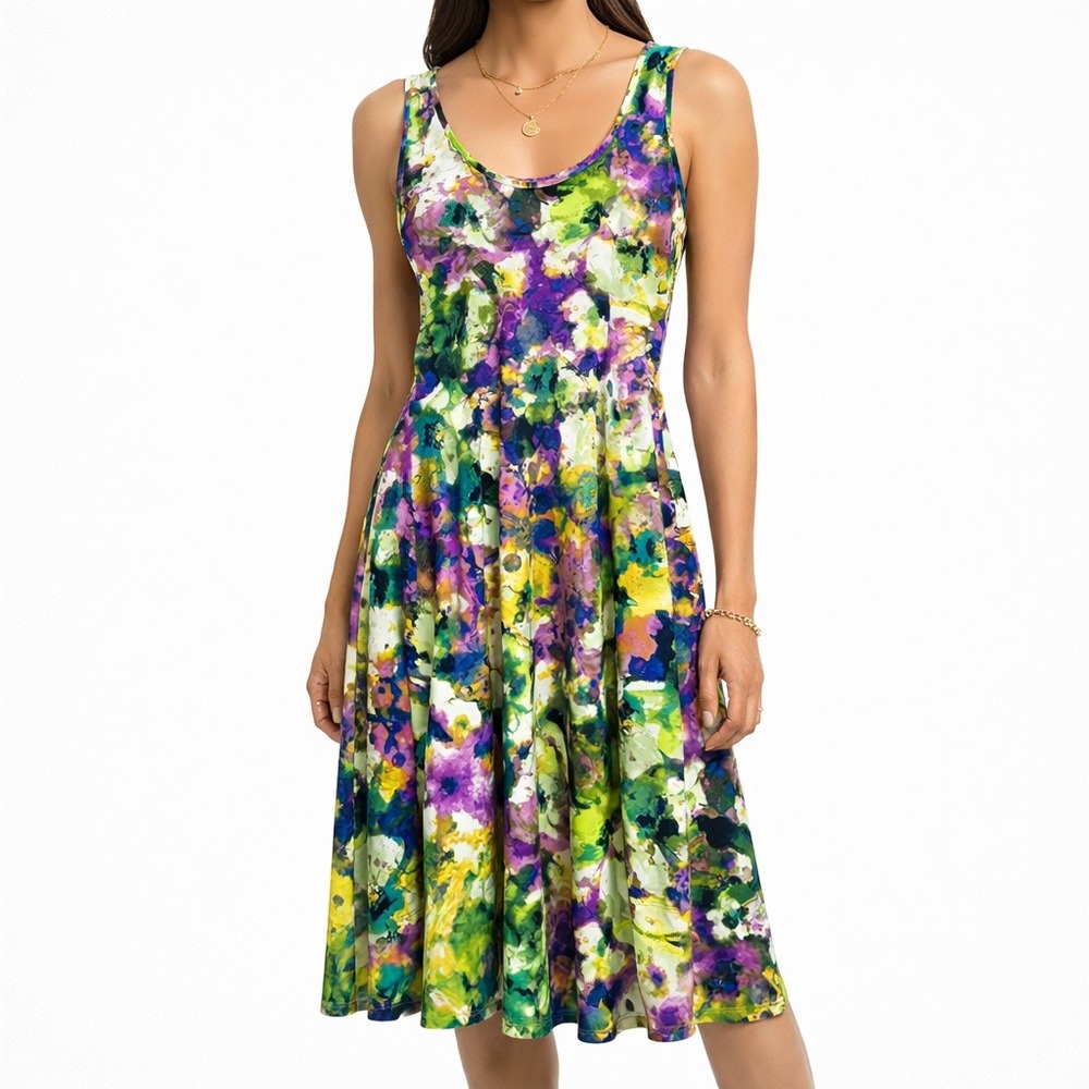 24/7 Comfort Apparel Womens Small‎ Abstract Watercolor Floral Sleeveless Dress